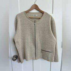Beige Cotton Linen Zip Cardigan Jacket Women’s XL Minimalist Neutral Knit Top